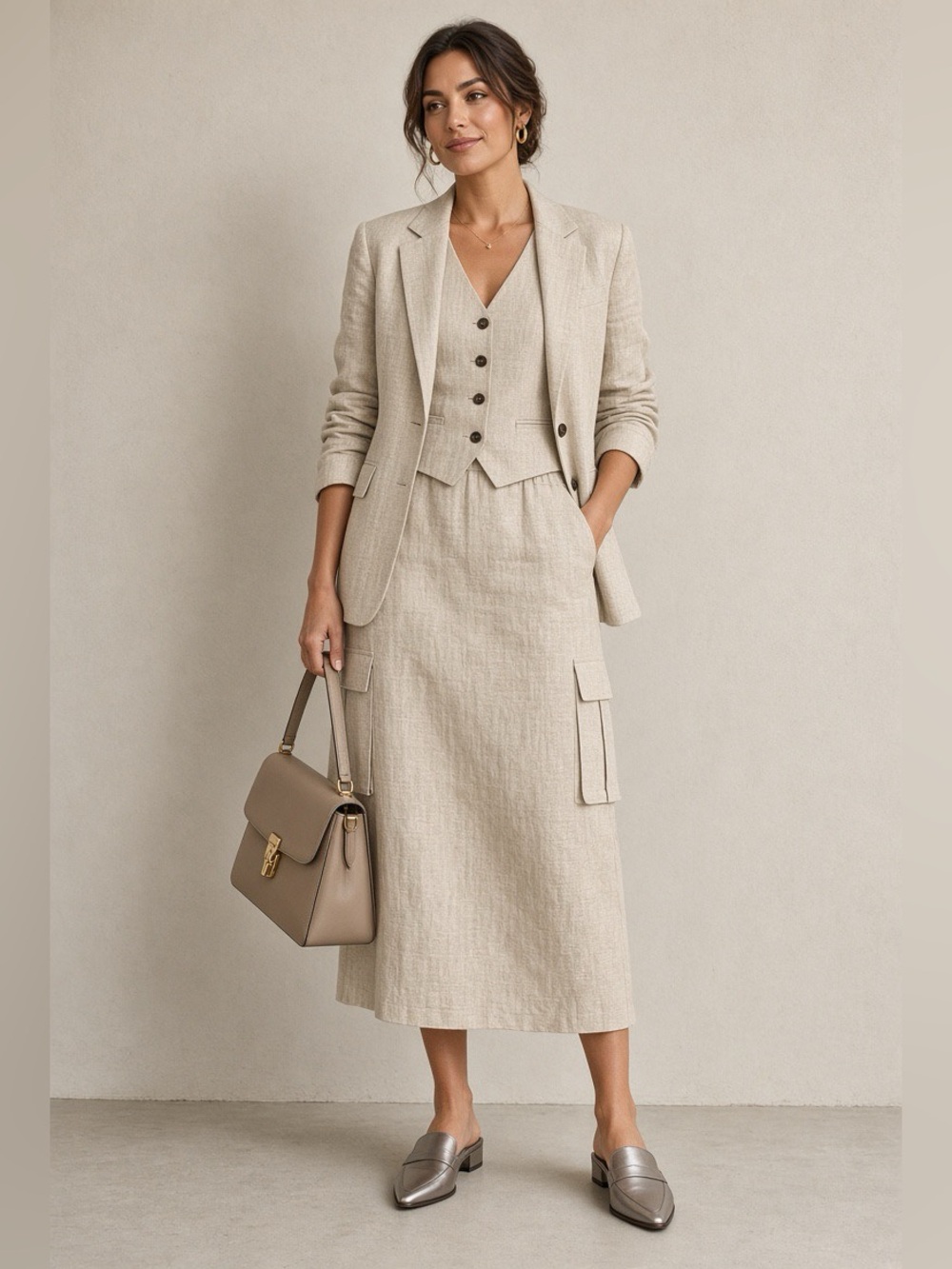 🆕 3 Piece Suit - A New Day Linen Cargo Skirt, Waistcoat and Blazer in Oatmeal